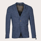 A blue textured blazer with a subtle plaid pattern, featuring notch lapels, a two-button closure, and front flap pockets, shown against a light beige background. Sand Copenhagen Blazers available at Sakks Menswear in Southampton.