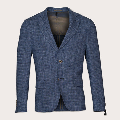 A blue textured blazer with a subtle plaid pattern, featuring notch lapels, a two-button closure, and front flap pockets, shown against a light beige background. Sand Copenhagen Blazers available at Sakks Menswear in Southampton.