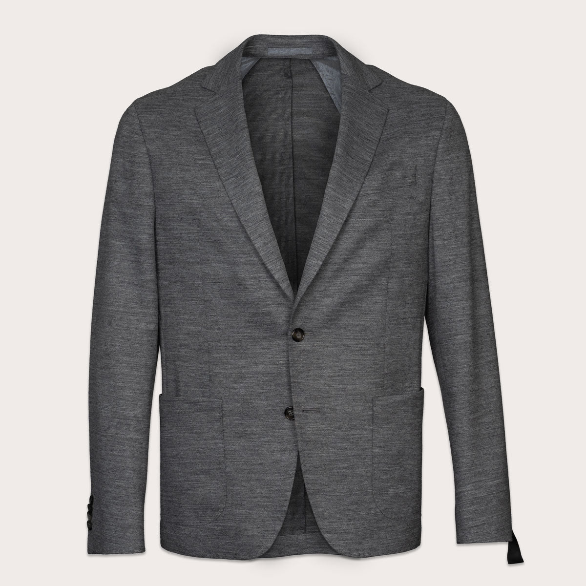 A dark gray textured blazer with notched lapels and two front buttons, displayed on a clean off-white background. Sand Copenhagen Blazer available at Sakks Menswear in Southampton.