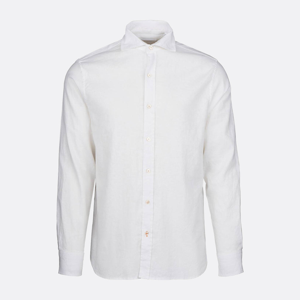 A white long-sleeve button-down shirt with a classic collar, shown on a clean, light gray background. SWIMS Shirt available at Sakks Menswear in Southampton.