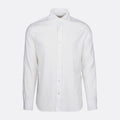 A white long-sleeve button-down shirt with a classic collar, shown on a clean, light gray background. SWIMS Shirt available at Sakks Menswear in Southampton.