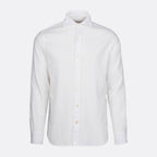 A white long-sleeve button-down shirt with a classic collar, shown on a clean, light gray background. SWIMS Shirt available at Sakks Menswear in Southampton.