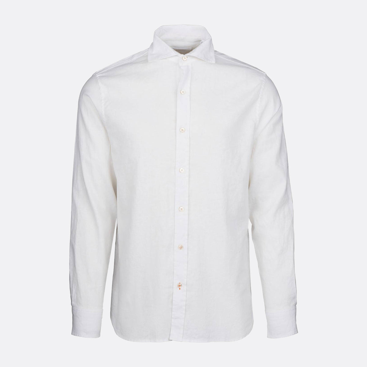 A white long-sleeve button-down shirt with a classic collar, shown on a clean, light gray background. SWIMS Shirt available at Sakks Menswear in Southampton.