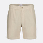 Beige cotton shorts with an elastic waistband and a single button closure, shown against a light gray background. SWIMS Shorts available at Sakks Menswear in Southampton.