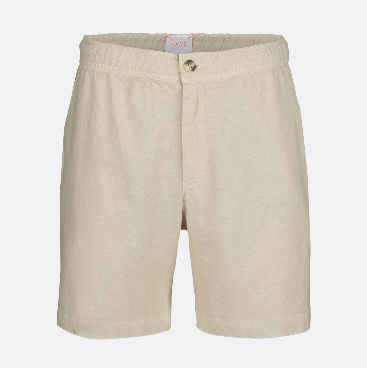 Beige cotton shorts with an elastic waistband and a single button closure, shown against a light gray background. SWIMS Shorts available at Sakks Menswear in Southampton.