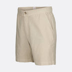 Beige linen shorts with a buttoned waistband and side pockets, shown on a light gray background. SWIMS Shorts available at Sakks Menswear in Southampton.