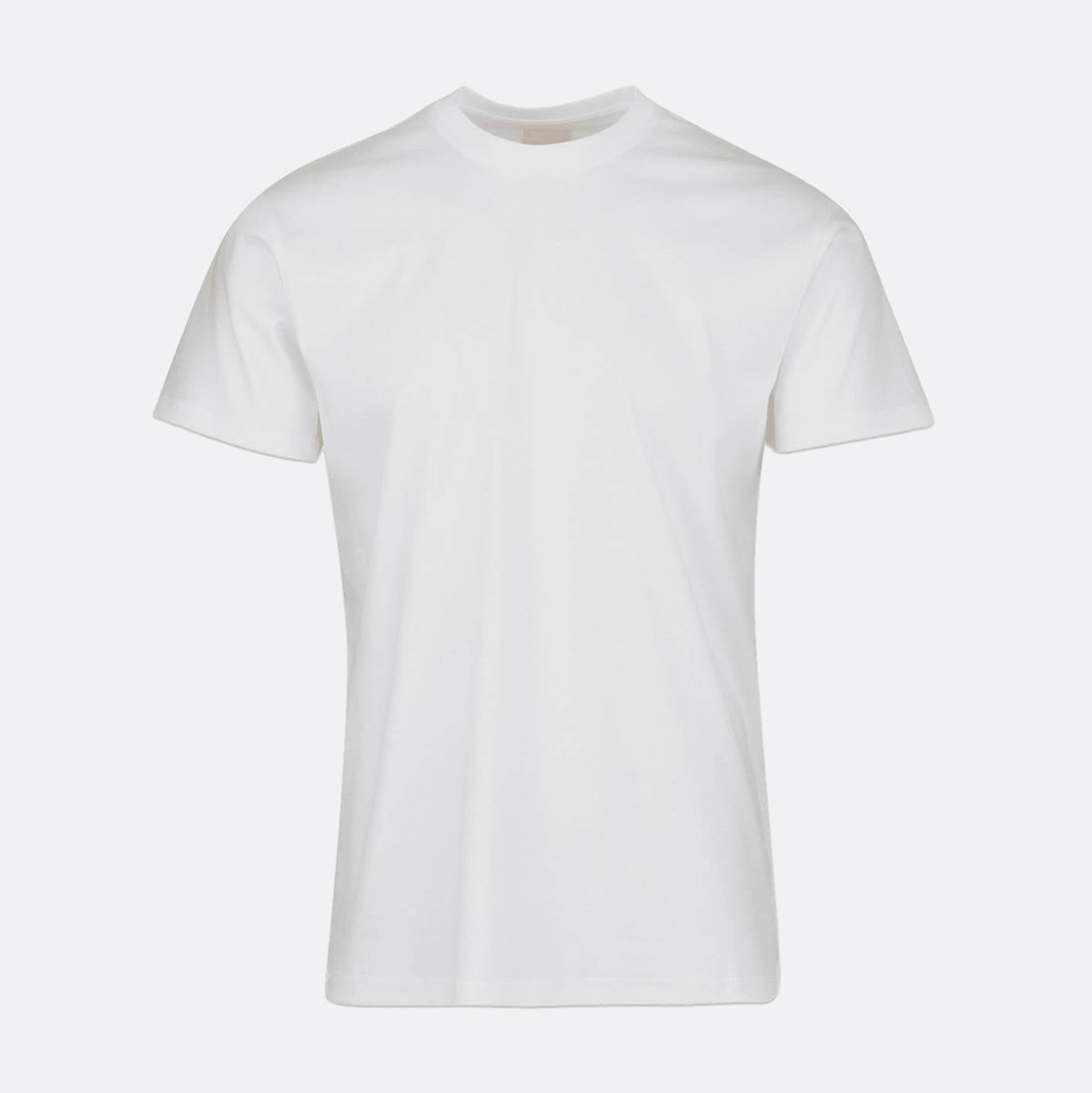 A classic white short-sleeve crewneck t-shirt displayed on a clean, light gray background. SWIMS T-Shirt available at Sakks Menswear in Southampton.