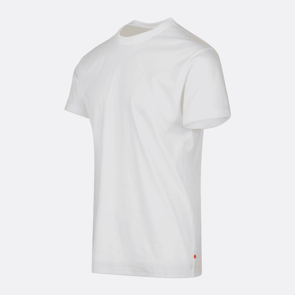 A plain white short-sleeve crewneck t-shirt shown from a three-quarters angle on a light gray background. SWIMS T-Shirt available at Sakks Menswear in Southampton.