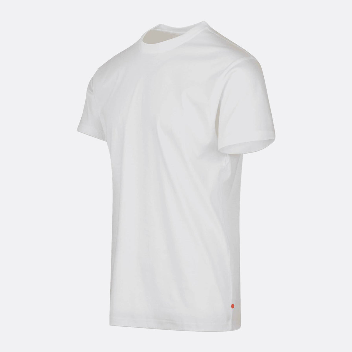 A plain white short-sleeve crewneck t-shirt shown from a three-quarters angle on a light gray background. SWIMS T-Shirt available at Sakks Menswear in Southampton.
