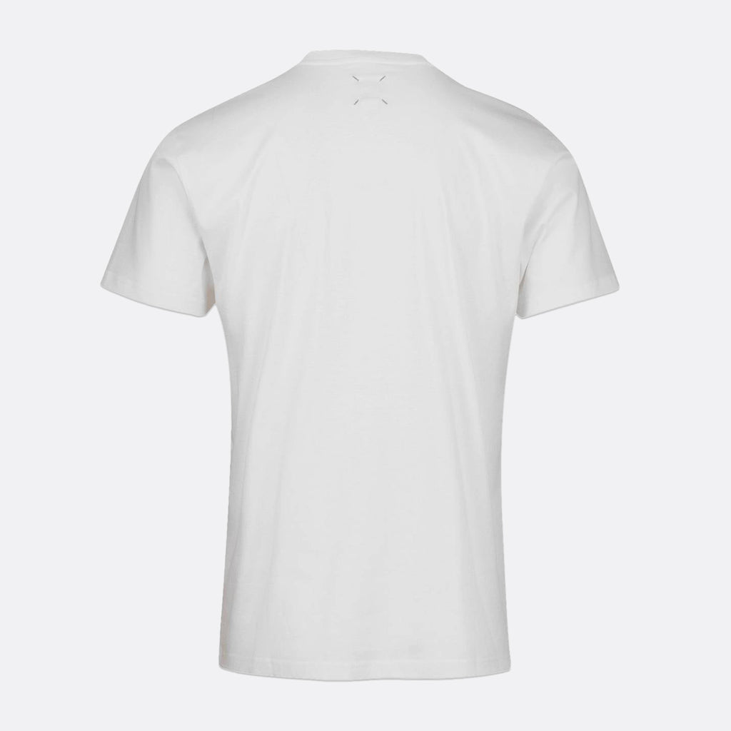 A white short-sleeve crewneck t-shirt shown from the back, featuring a small tonal gray crossed-strings graphic centered below the neckline, set against a solid light gray background. SWIMS T-Shirt available at Sakks Menswear in Southampton.
