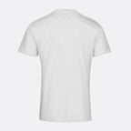 A white short-sleeve crewneck t-shirt shown from the back, featuring a small tonal gray crossed-strings graphic centered below the neckline, set against a solid light gray background. SWIMS T-Shirt available at Sakks Menswear in Southampton.