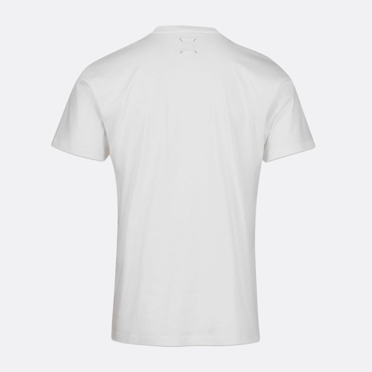 A white short-sleeve crewneck t-shirt shown from the back, featuring a small tonal gray crossed-strings graphic centered below the neckline, set against a solid light gray background. SWIMS T-Shirt available at Sakks Menswear in Southampton.