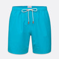 Bright turquoise blue swim shorts with a white drawstring and small orange accents, shown on a light gray background. SWIMS Swim Shorts available at Sakks Menswear in Southampton.