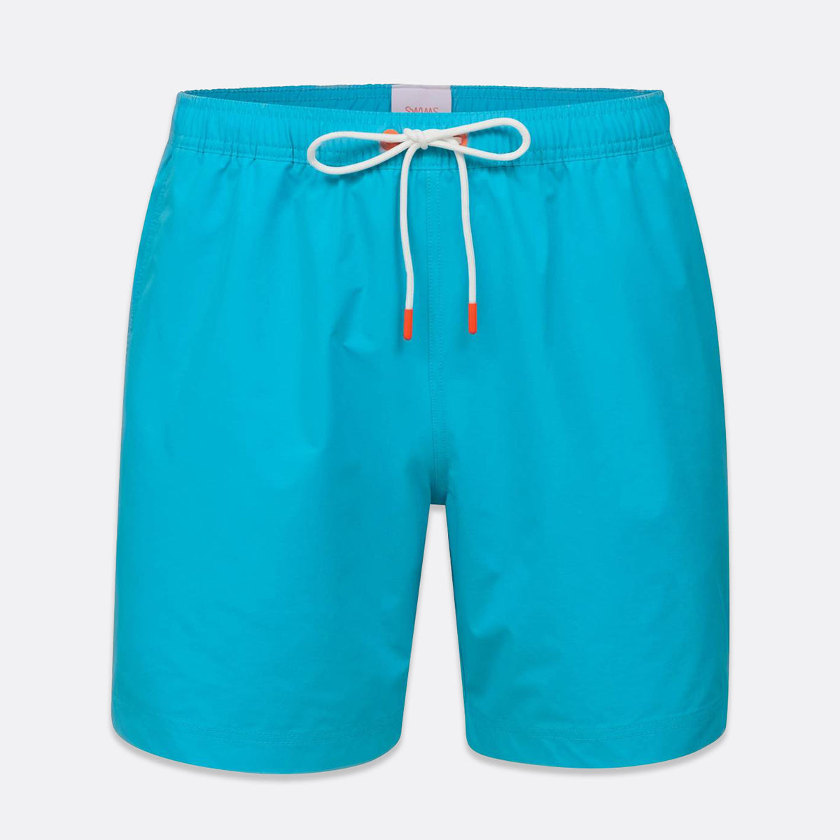 Bright turquoise blue swim shorts with a white drawstring and small orange accents, shown on a light gray background. SWIMS Swim Shorts available at Sakks Menswear in Southampton.