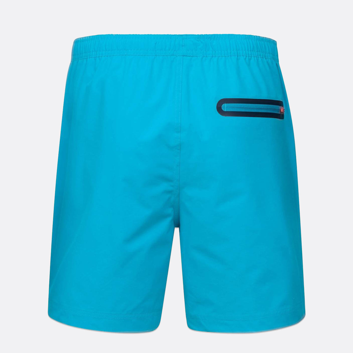 Bright turquoise blue men's shorts with an elastic waistband and a horizontal zippered pocket on the right side, shown against a light gray background. SWIMS Swim Shorts available at Sakks Menswear in Southampton.