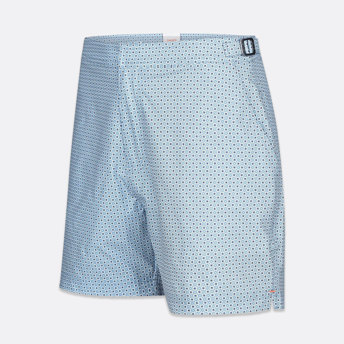 Light blue patterned shorts with a small repeating geometric print, shown on a light gray background. SWIMS Swim Shorts available at Sakks Menswear in Southampton.