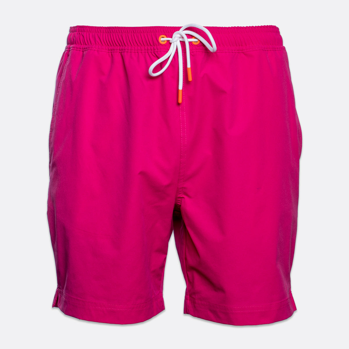 Bright pink swim trunks with a white drawstring and small orange tips, shown against a light gray background. SWIMS Swimshorts available at Sakks Menswear in Southampton.
