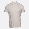 A short-sleeve polo shirt in a light cream or off-white color, displayed on a ghost mannequin against a light gray background. Thomas Maine Polo available at Sakks Menswear in Southampton.