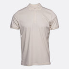 A short-sleeve polo shirt in a light cream or off-white color, displayed on a ghost mannequin against a light gray background. Thomas Maine Polo available at Sakks Menswear in Southampton.