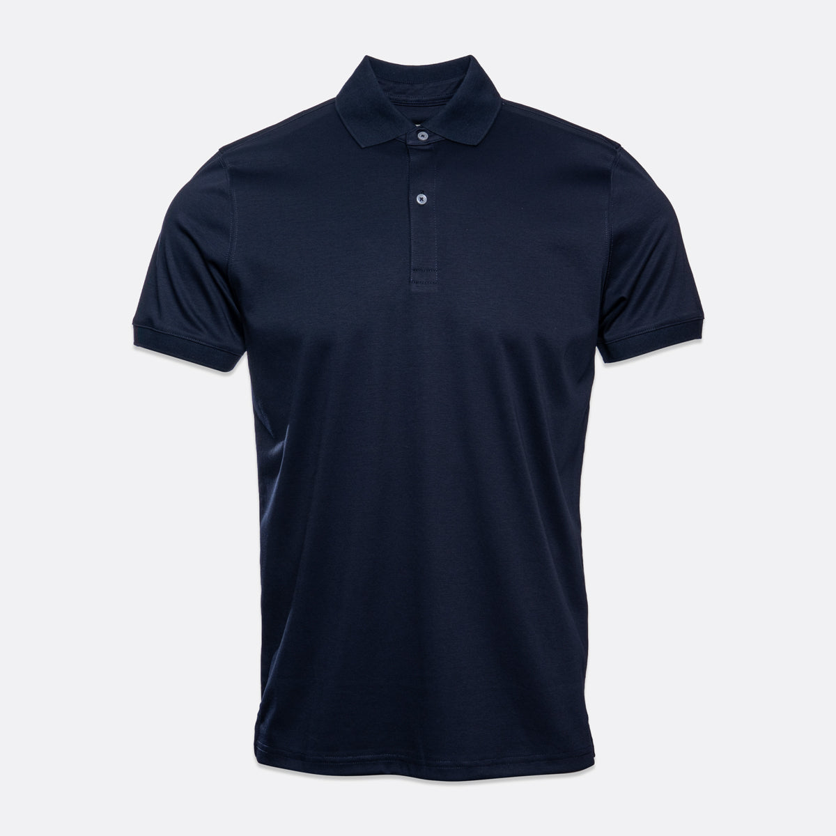 A dark navy blue short-sleeve polo shirt with a three-button placket, displayed on a clean, light gray background. Thomas Maine Polo available at Sakks Menswear in Southampton.