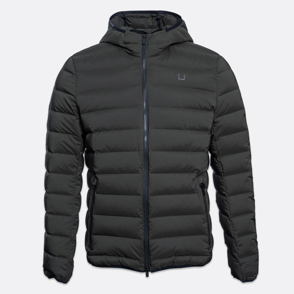 A dark gray hooded puffer jacket with horizontal quilting, a front zipper, and a small tonal logo on the left chest, shown against a light gray background. UBR Jacket available at Sakks Menswear in Southampton.