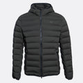 A dark gray hooded puffer jacket with horizontal quilting, a front zipper, and a small tonal logo on the left chest, shown against a light gray background. UBR Jacket available at Sakks Menswear in Southampton.