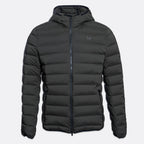 A dark gray hooded puffer jacket with horizontal quilting, a front zipper, and a small tonal logo on the left chest, shown against a light gray background. UBR Jacket available at Sakks Menswear in Southampton.