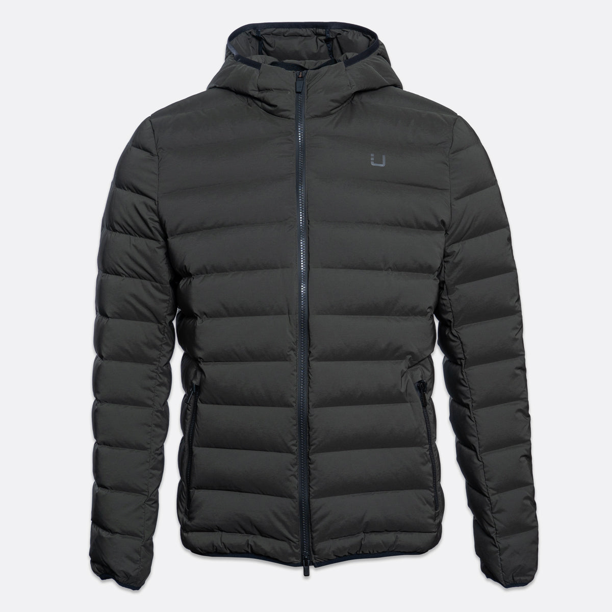 A dark gray hooded puffer jacket with horizontal quilting, a front zipper, and a small tonal logo on the left chest, shown against a light gray background. UBR Jacket available at Sakks Menswear in Southampton.