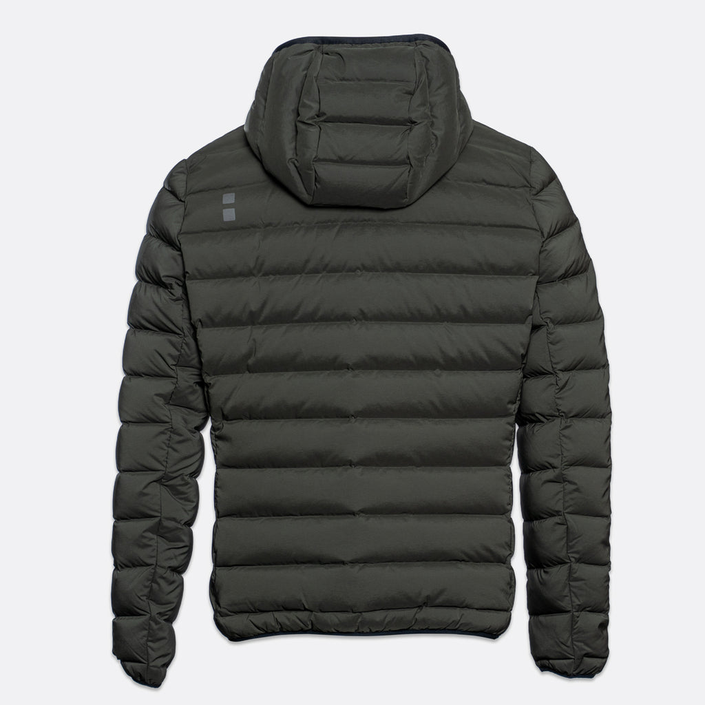 A dark olive green hooded puffer jacket shown from the back, featuring horizontal quilting and a small gray rectangular logo on the upper left shoulder, set against a light gray background. UBR Jacket available at Sakks Menswear in Southampton.