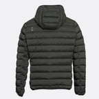 A dark olive green hooded puffer jacket shown from the back, featuring horizontal quilting and a small gray rectangular logo on the upper left shoulder, set against a light gray background. UBR Jacket available at Sakks Menswear in Southampton.