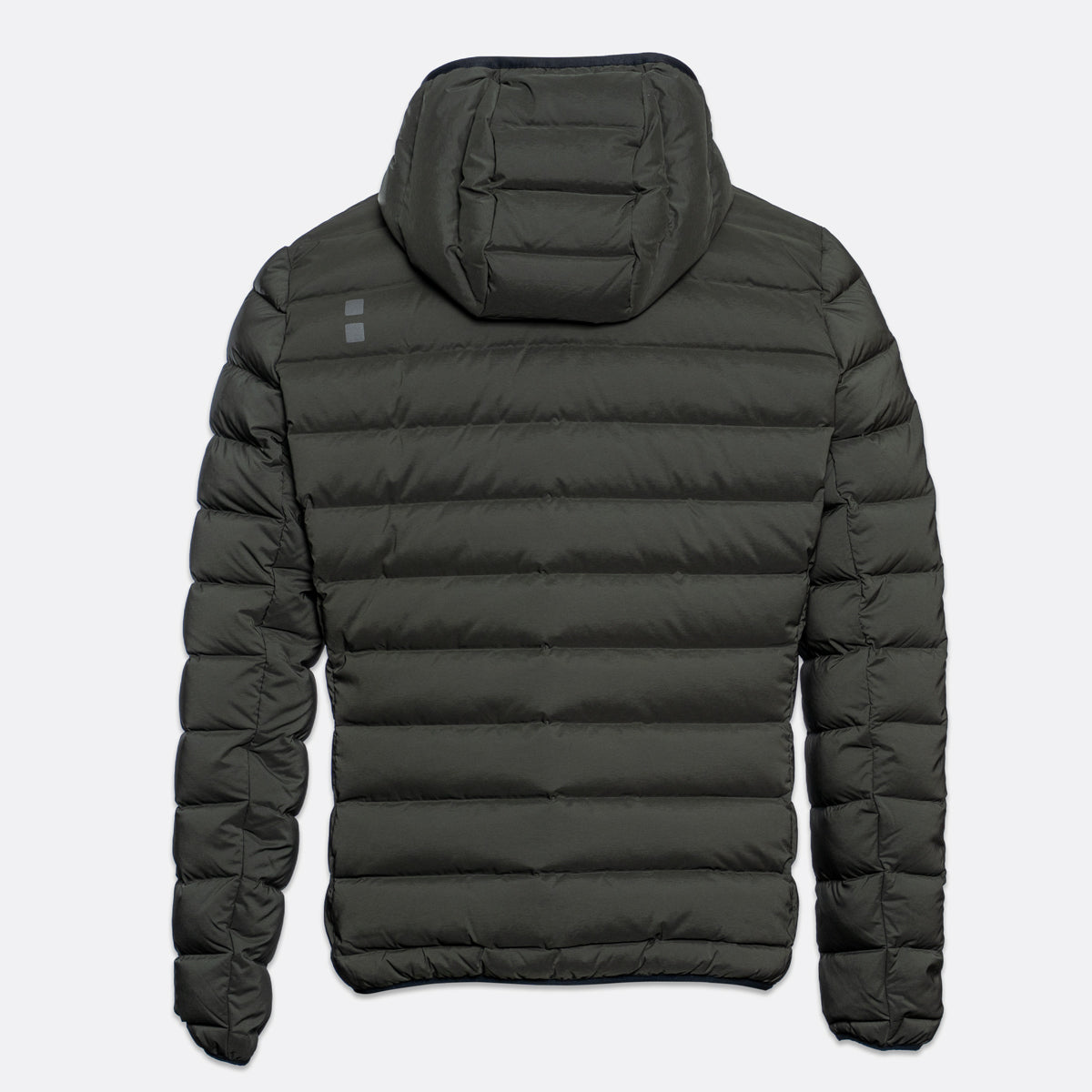 A dark olive green hooded puffer jacket shown from the back, featuring horizontal quilting and a small gray rectangular logo on the upper left shoulder, set against a light gray background. UBR Jacket available at Sakks Menswear in Southampton.
