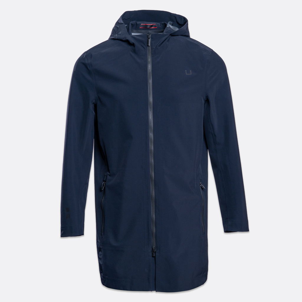 A dark navy blue hooded rain jacket with a full front zipper, shown on a light gray background. UBR Jacket available at Sakks Menswear in Southampton.