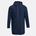 A dark navy blue hooded rain jacket with a full front zipper, shown on a light gray background. UBR Jacket available at Sakks Menswear in Southampton.