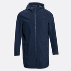 A dark navy blue hooded rain jacket with a full front zipper, shown on a light gray background. UBR Jacket available at Sakks Menswear in Southampton.