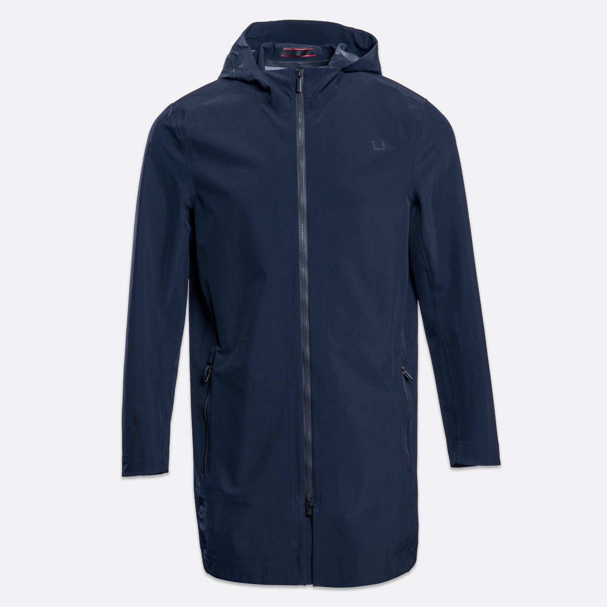 A dark navy blue hooded rain jacket with a full front zipper, shown on a light gray background. UBR Jacket available at Sakks Menswear in Southampton.