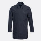 A dark navy blue utility jacket with a pointed collar, front zipper, and a small embroidered logo on the left chest, displayed on a light gray background. UBR Jacket available at Sakks Menswear in Southampton.