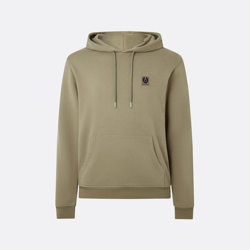 A sage green pullover hoodie with a small embroidered logo on the left chest, displayed on a clean light gray background. Belstaff Hoodie. Sakks Menswear Southampton.