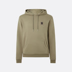 A sage green pullover hoodie with a small embroidered logo on the left chest, displayed on a clean light gray background. Belstaff Hoodie. Sakks Menswear Southampton.