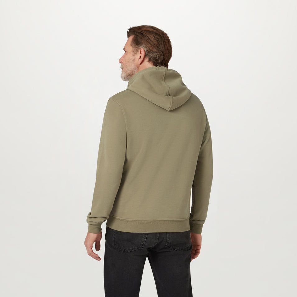 A man wearing an olive green pullover hoodie, shown from the back against a plain white studio background. Belstaff Hoodie. Sakks Menswear Southampton.