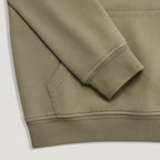 Close-up of a ribbed-knit sweatshirt sleeve cuff and hem in a muted olive-khaki color, showing the texture and stitching details. Belstaff Hoodie. Sakks Menswear Southampton.
