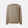 A beige crewneck sweatshirt with a small embroidered logo patch on the left chest, displayed on a clean light gray background. Belstaff Sweatshirt. Sakks Menswear Southampton.
