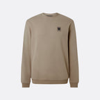 A beige crewneck sweatshirt with a small embroidered logo patch on the left chest, displayed on a clean light gray background. Belstaff Sweatshirt. Sakks Menswear Southampton.
