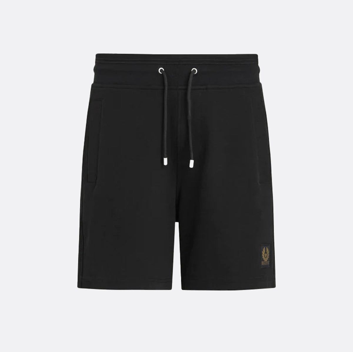 Black drawstring shorts with side pockets and a small gold embroidered logo on the lower left hem, shown against a light grey background. Belstaff Sweatshorts. Sakks Menswear Southampton.