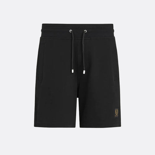 Black drawstring shorts with side pockets and a small gold embroidered logo on the lower left hem, shown against a light grey background. Belstaff Sweatshorts. Sakks Menswear Southampton.