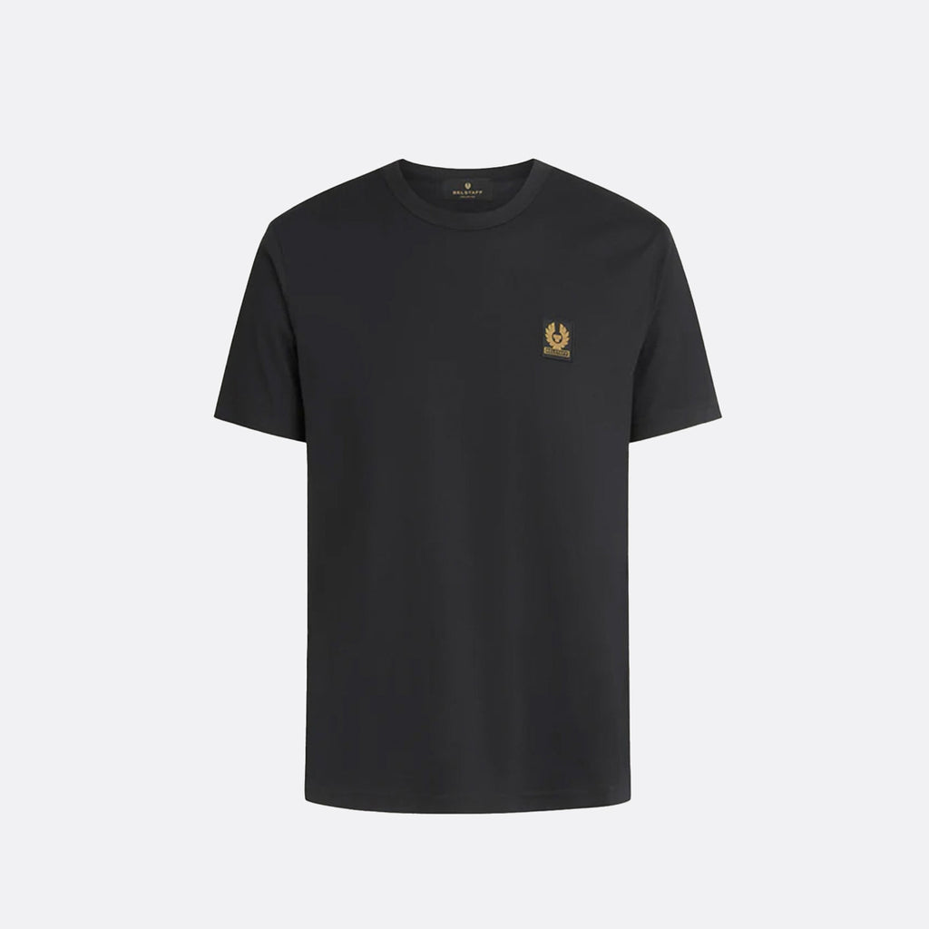 A black short-sleeve crewneck t-shirt with a small gold embroidered logo on the left chest, displayed on a clean light gray background. Belstaff T-Shirt. Sakks Menswear Southampton.