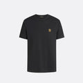 A black short-sleeve crewneck t-shirt with a small gold embroidered logo on the left chest, displayed on a clean light gray background. Belstaff T-Shirt. Sakks Menswear Southampton.
