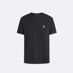 A black short-sleeve crewneck t-shirt with a small gold embroidered logo on the left chest, displayed on a clean light gray background. Belstaff T-Shirt. Sakks Menswear Southampton.