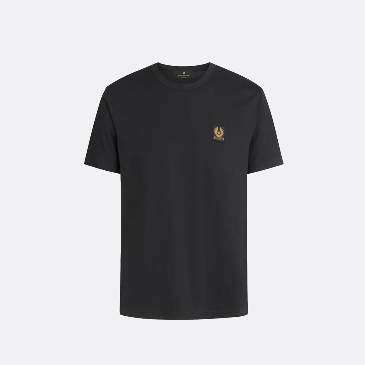 A black short-sleeve crewneck t-shirt with a small gold embroidered logo on the left chest, displayed on a clean light gray background. Belstaff T-Shirt. Sakks Menswear Southampton.