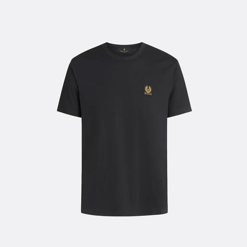A black short-sleeve crewneck t-shirt with a small gold embroidered logo on the left chest, displayed on a clean light gray background. Belstaff T-Shirt. Sakks Menswear Southampton.